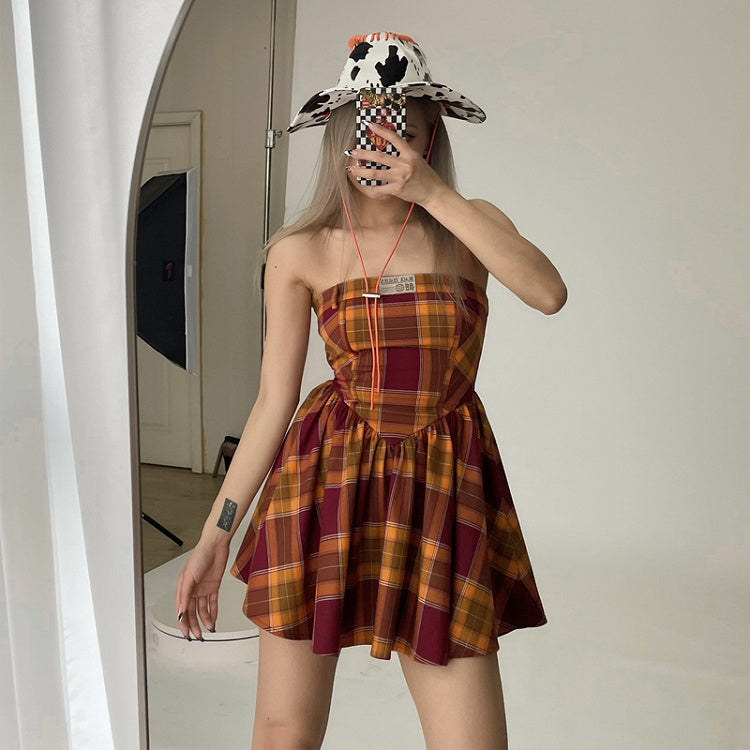 Kariertes Kleid trägerlos rot und gelb Mädchen Spice Campus