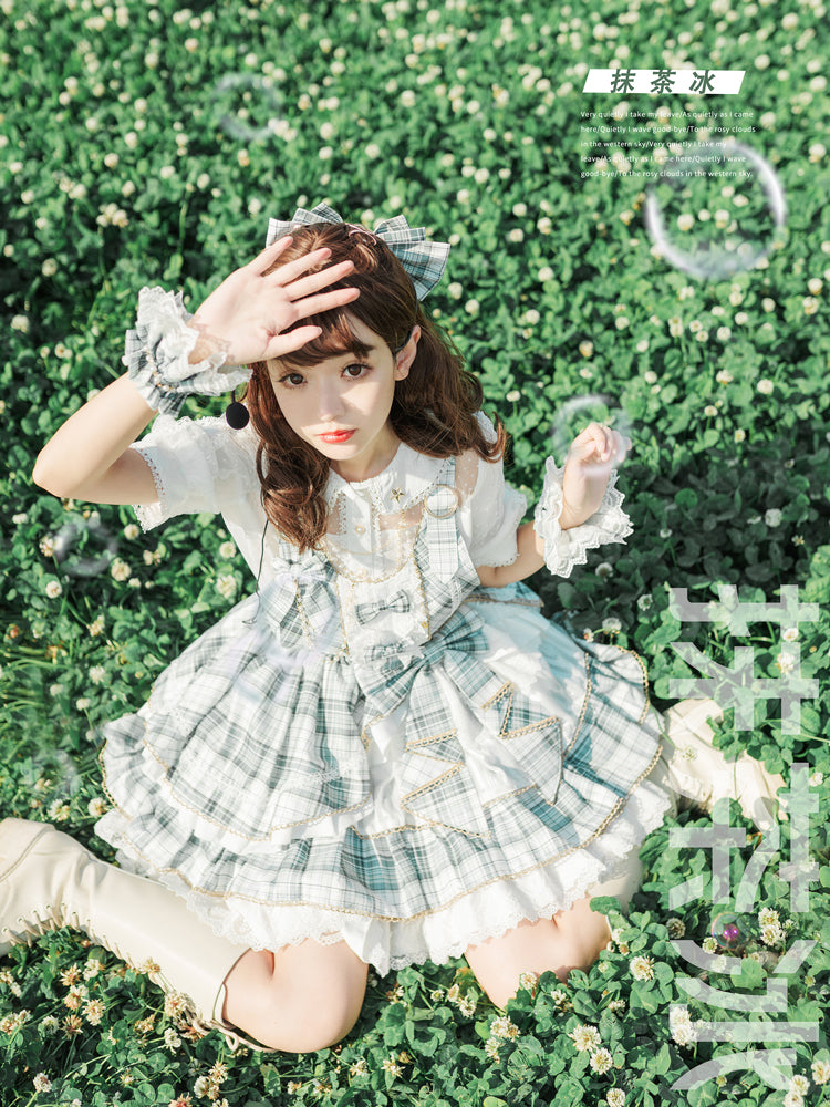 グリーンのチェック柄フリルスカートのアイドルドレス、ロリータオーバーオール