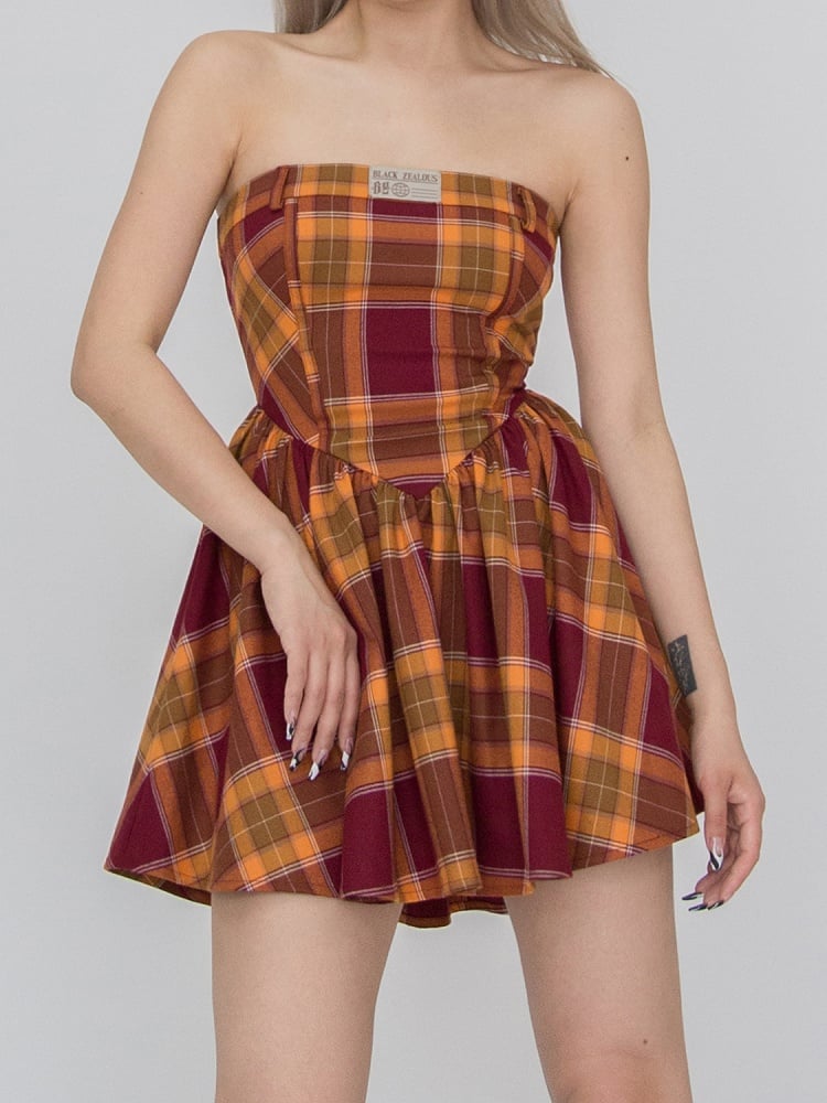 Kariertes Kleid trägerlos rot und gelb Mädchen Spice Campus