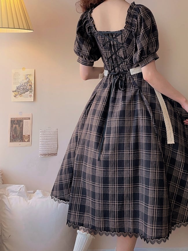 Schwarzes Kleid Fit Muster Schlanke Taille Plaid Kurze Ärmel Lolita