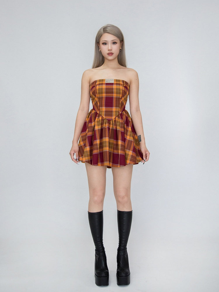 Kariertes Kleid trägerlos rot und gelb Mädchen Spice Campus