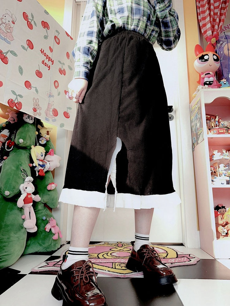 Side Waist Ruffle Shirring Black Skirt Slit Trim