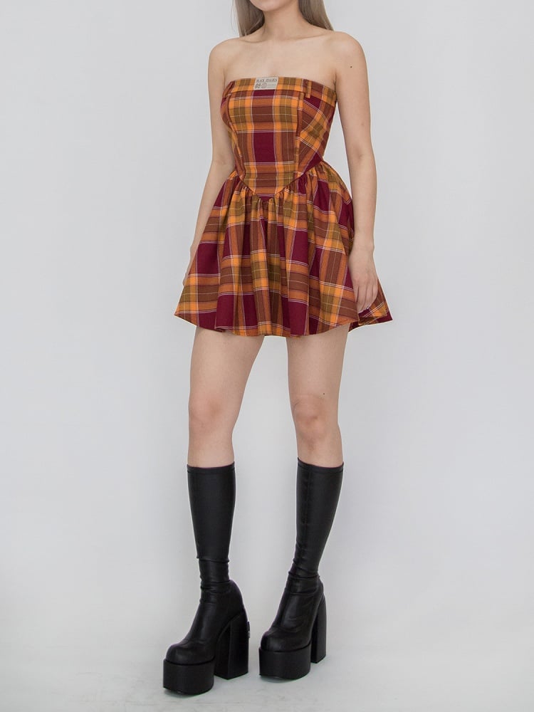 Kariertes Kleid trägerlos rot und gelb Mädchen Spice Campus