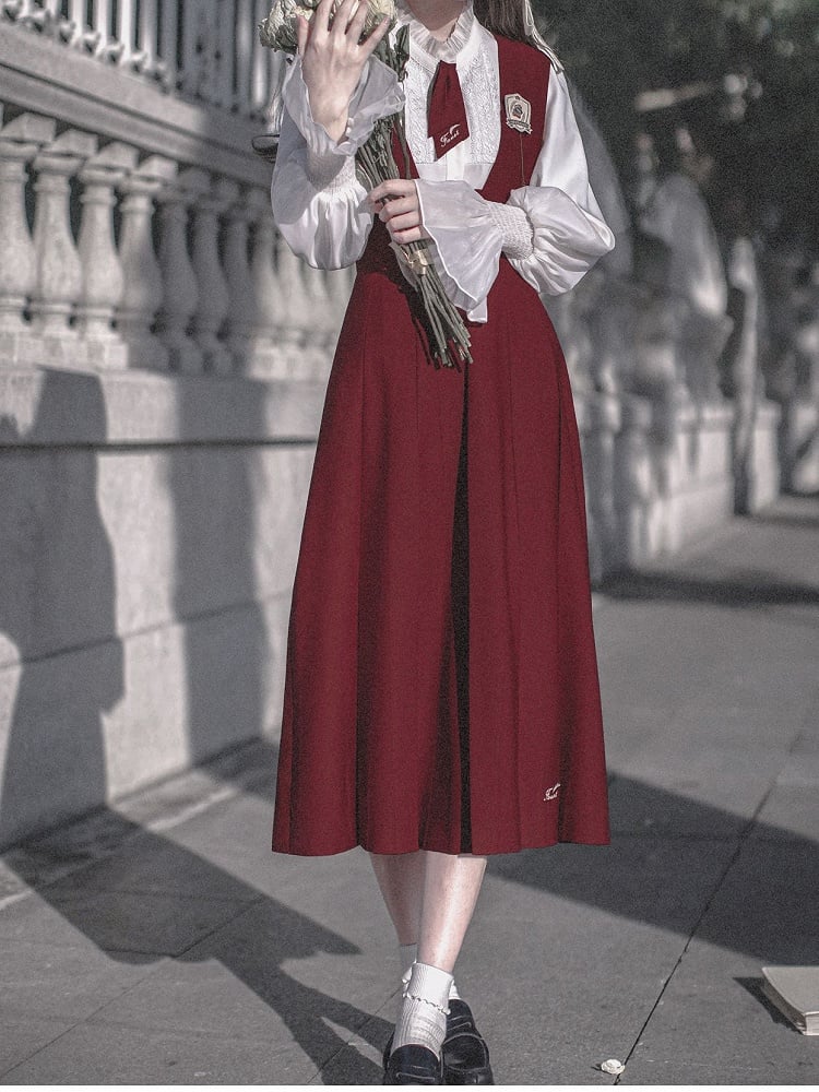 Pleat Overalls Skirt with Box Letters Embroidery Red