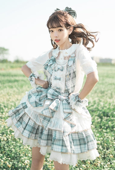 グリーンのチェック柄フリルスカートのアイドルドレス、ロリータオーバーオール