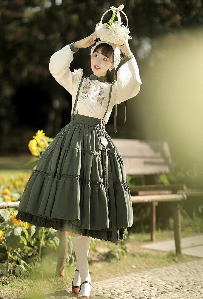 Sunflowers Embroidery Set + Tiered Sunflower Blouse Skirt Green with Charm Beige