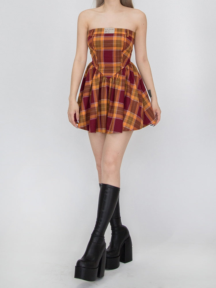 Kariertes Kleid trägerlos rot und gelb Mädchen Spice Campus