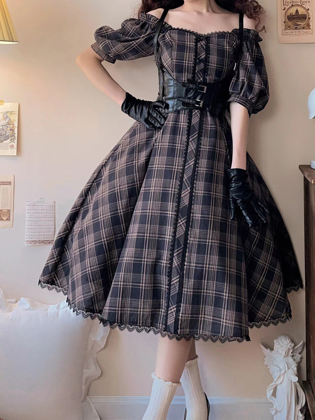 Schwarzes Kleid Fit Muster Schlanke Taille Plaid Kurze Ärmel Lolita