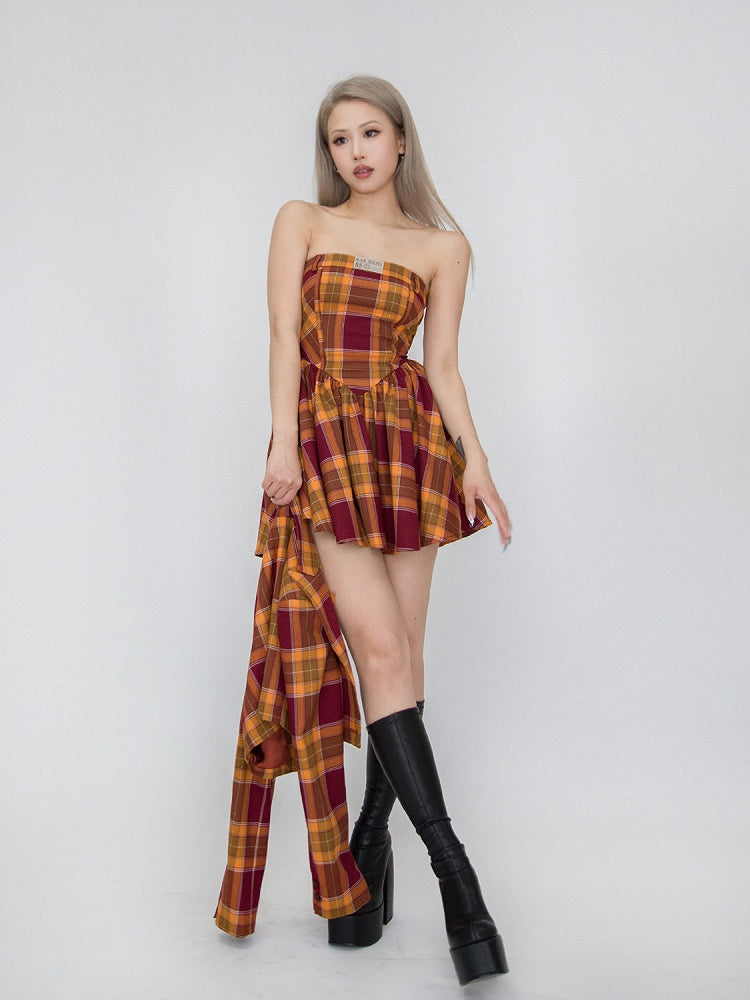 Kariertes Kleid trägerlos rot und gelb Mädchen Spice Campus