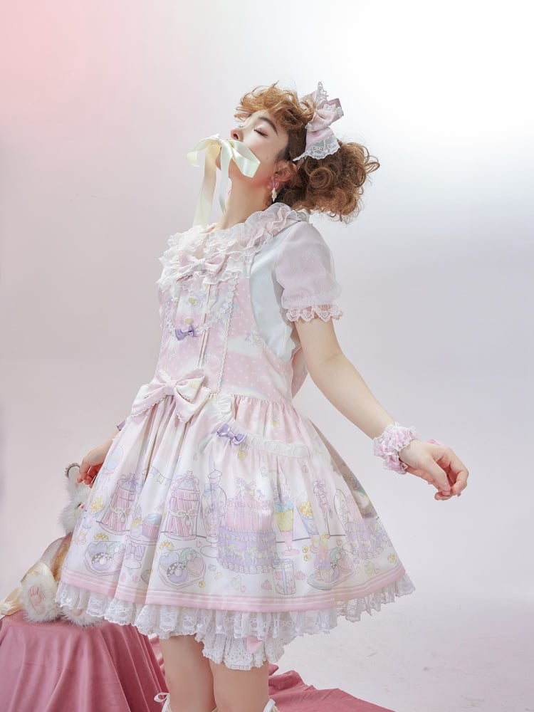 Süßes Lolita-Overallkleid mit abnehmbarer Kapuze und Einhorn- und Dessert-Rosa