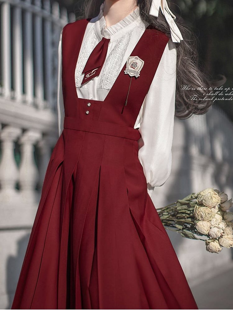 Pleat Overalls Skirt with Box Letters Embroidery Red