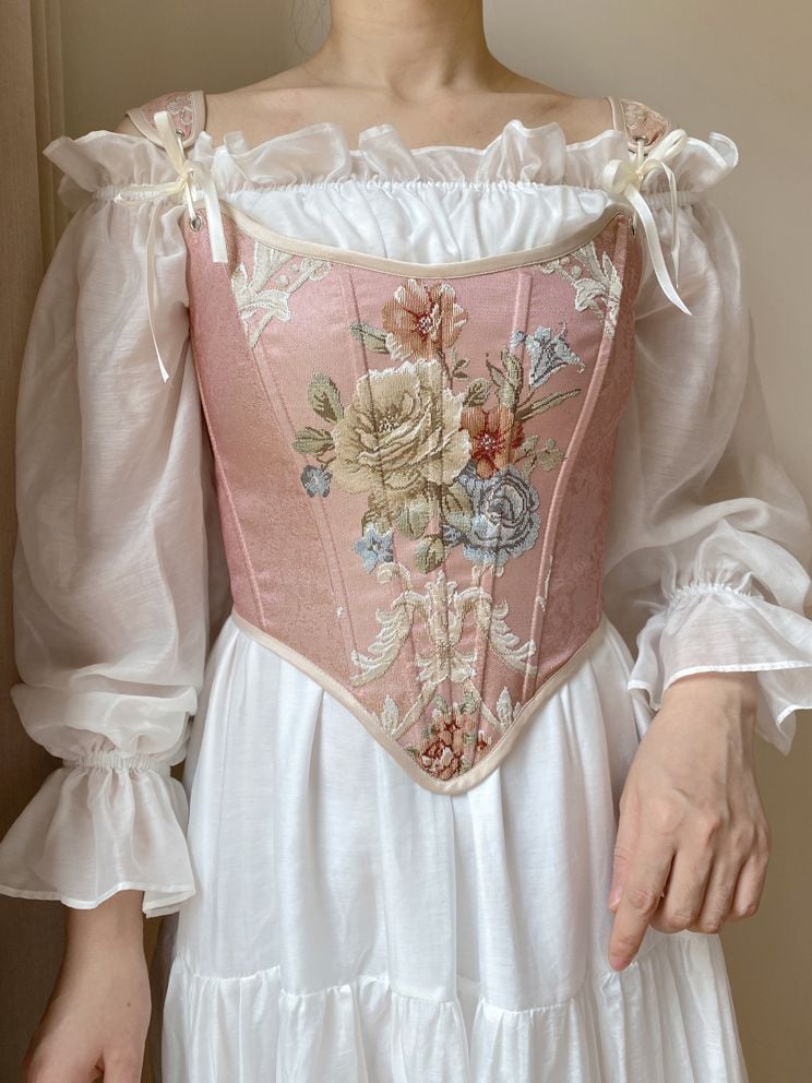 Pink Floral Scoop Neckline Corset