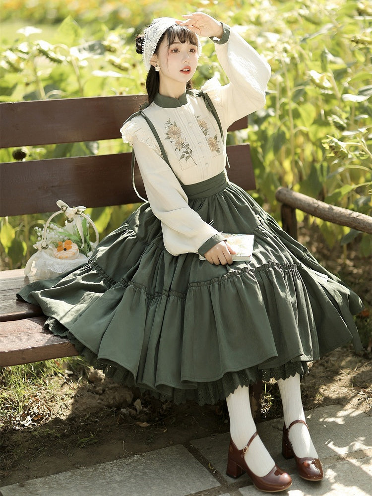 Sunflowers Embroidery Set + Tiered Sunflower Blouse Skirt Green with Charm Beige