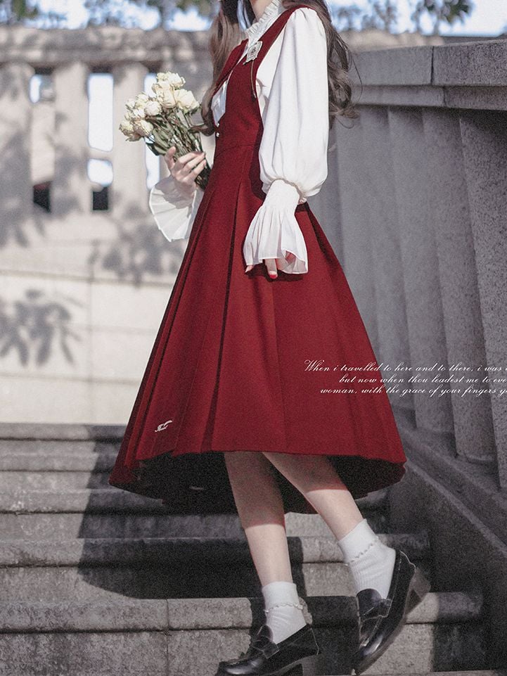 Pleat Overalls Skirt with Box Letters Embroidery Red