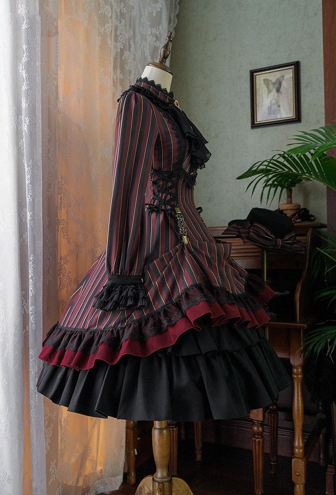 with Striped Lace-Up Gothic Petite Ruffle Collar Lolita Dress Waist