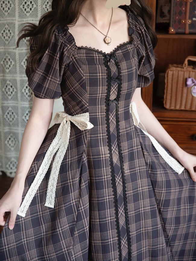 Schwarzes Kleid Fit Muster Schlanke Taille Plaid Kurze Ärmel Lolita