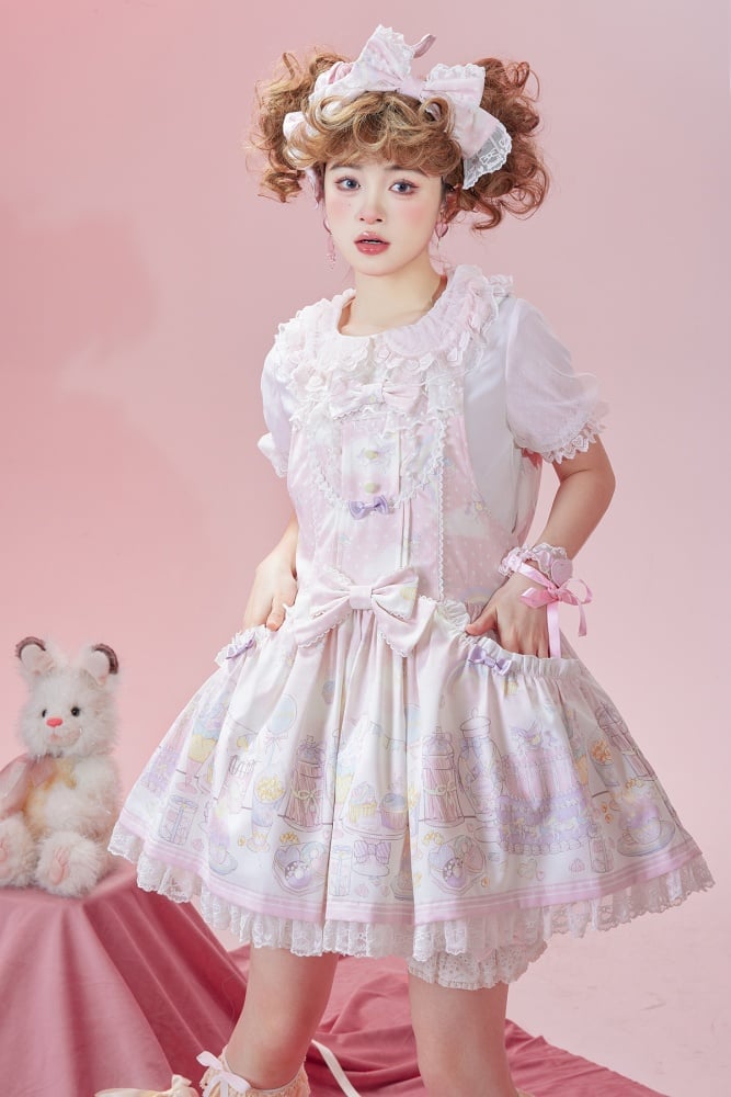 Süßes Lolita-Overallkleid mit abnehmbarer Kapuze und Einhorn- und Dessert-Rosa