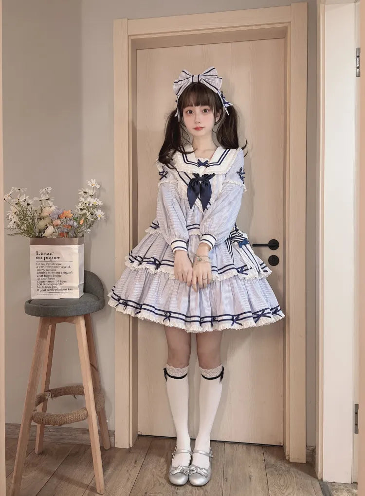 Striped Blue with Sleeves Detachable Lolita Collar Summer Dress Short Sailor