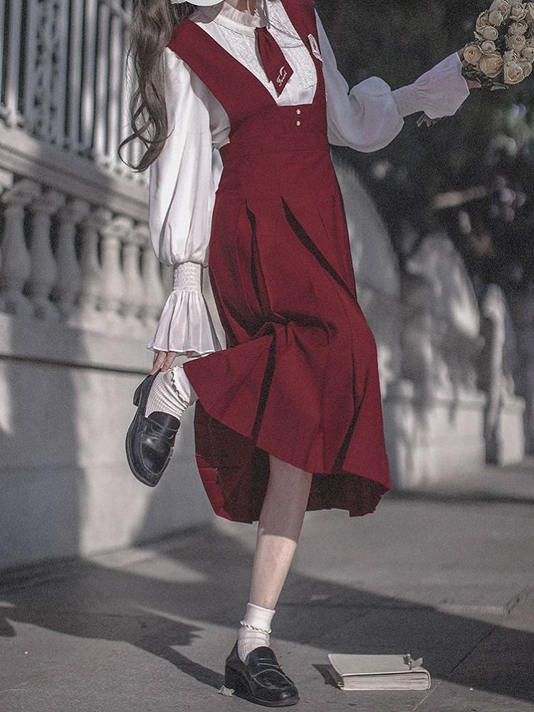Pleat Overalls Skirt with Box Letters Embroidery Red