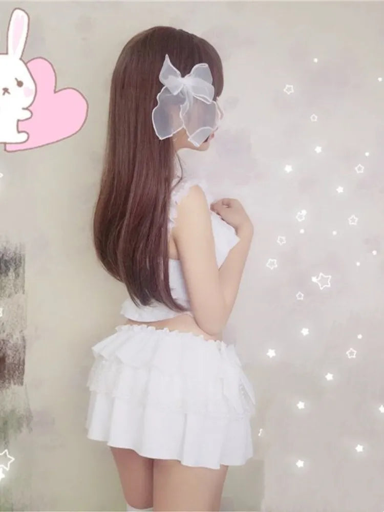 Details Tiered Trim White Bowknot Ruffle Skirt + Top Swimsuit