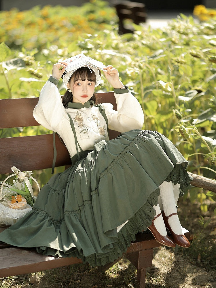 Sunflowers Embroidery Set + Tiered Sunflower Blouse Skirt Green with Charm Beige