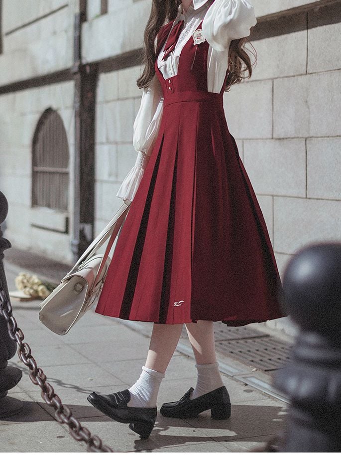Pleat Overalls Skirt with Box Letters Embroidery Red
