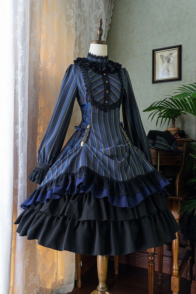 with Striped Lace-Up Gothic Petite Ruffle Collar Lolita Dress Waist