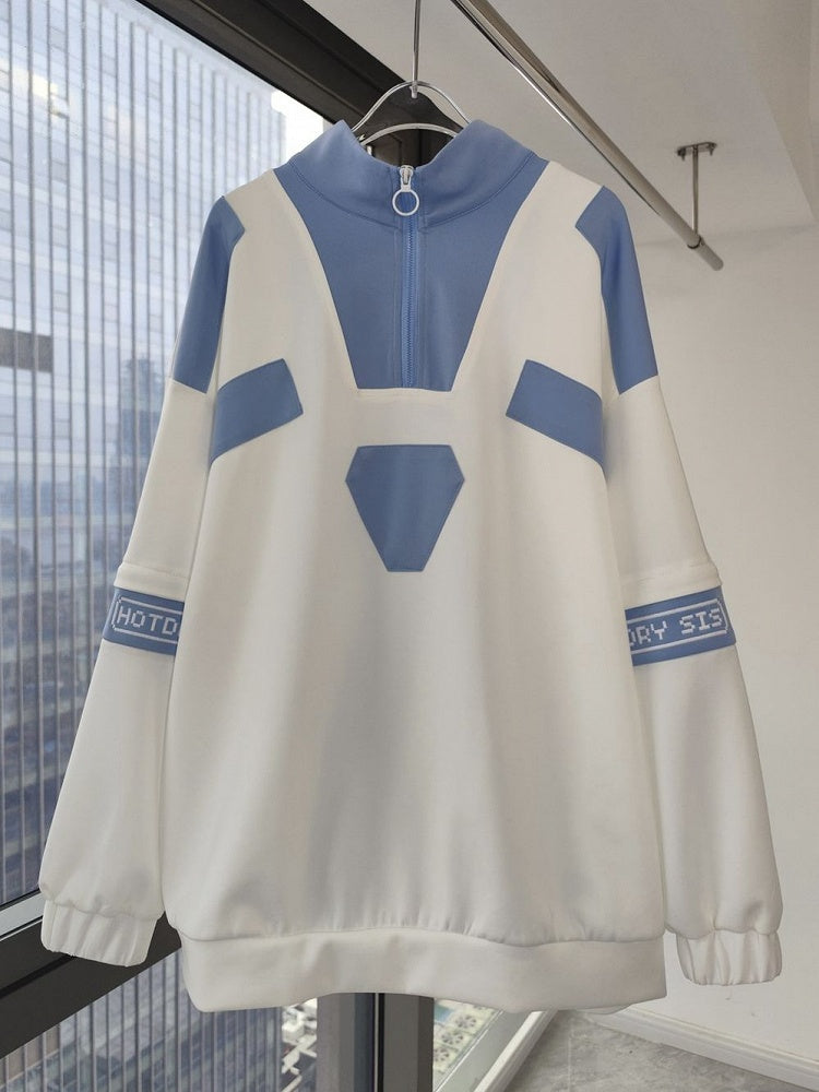 Kaiwai Tenshi Design Blau Licht Zip Sweatshirt Weiß Ärmeln und