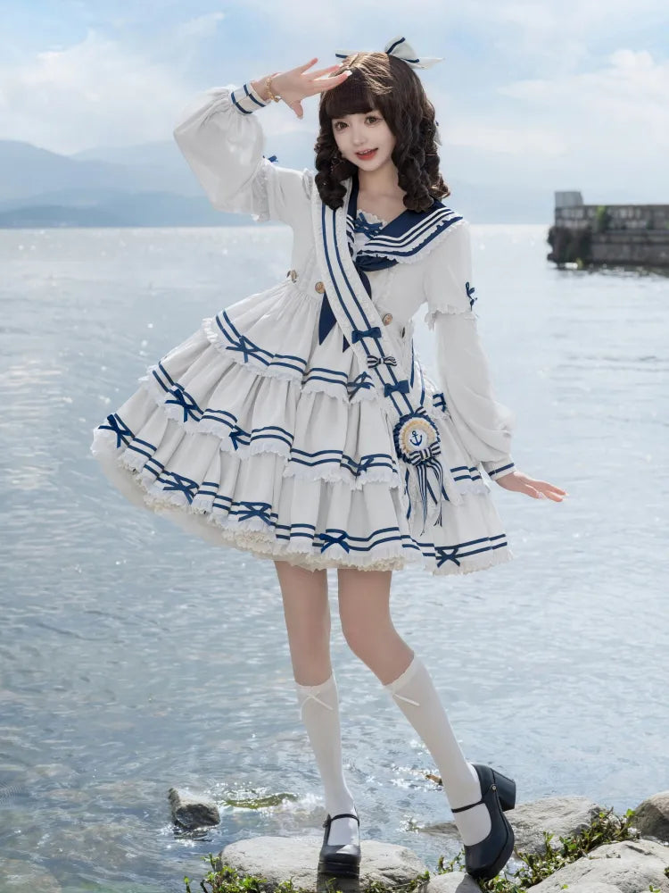 Full Sailor Lolita Skirt Set Summer Dress Tiered White OP