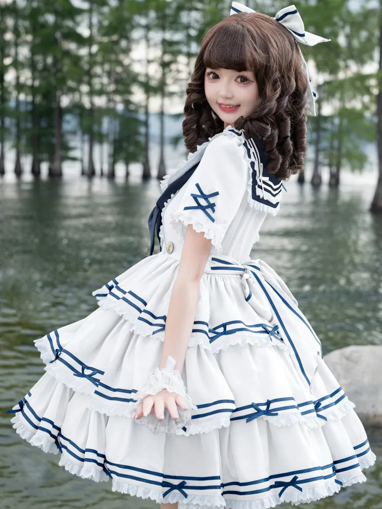 Full Sailor Lolita Skirt Set Summer Dress Tiered White OP