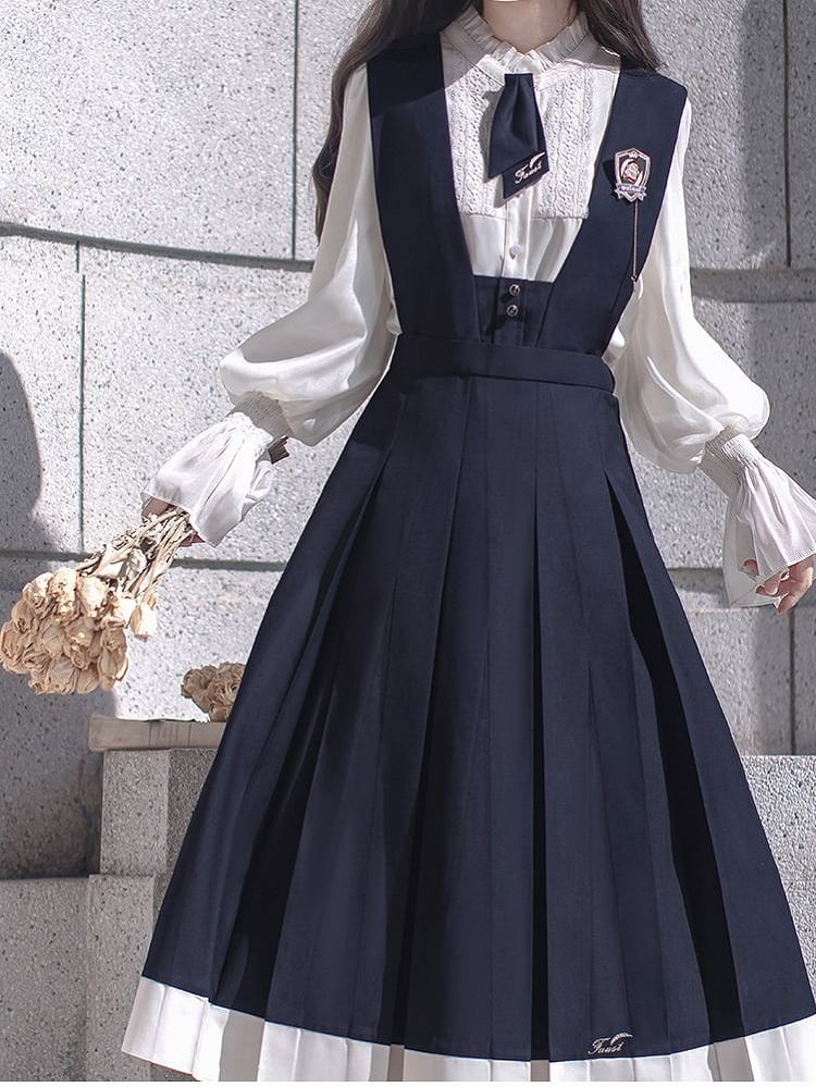 Overalls Box Embroidery Skirt Blue Letters with Pleat Dark