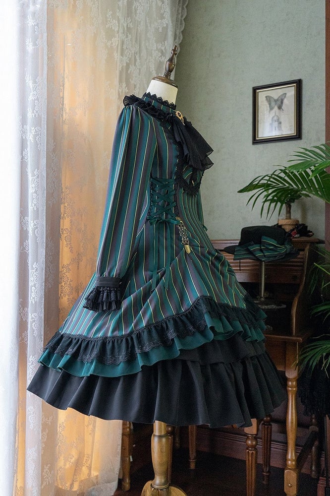with Striped Lace-Up Gothic Petite Ruffle Collar Lolita Dress Waist