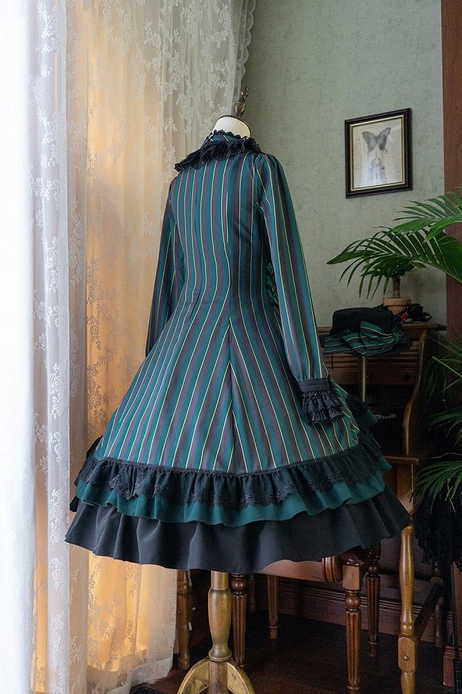 with Striped Lace-Up Gothic Petite Ruffle Collar Lolita Dress Waist