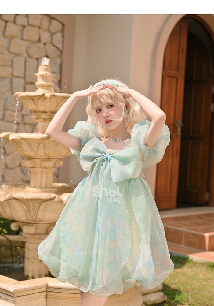 Green Short/Long Sleeves Short Bow with Sweet Detachable Version Dress Big
