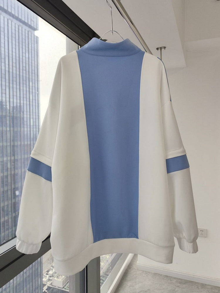 Kaiwai Tenshi Design Blau Licht Zip Sweatshirt Weiß Ärmeln und