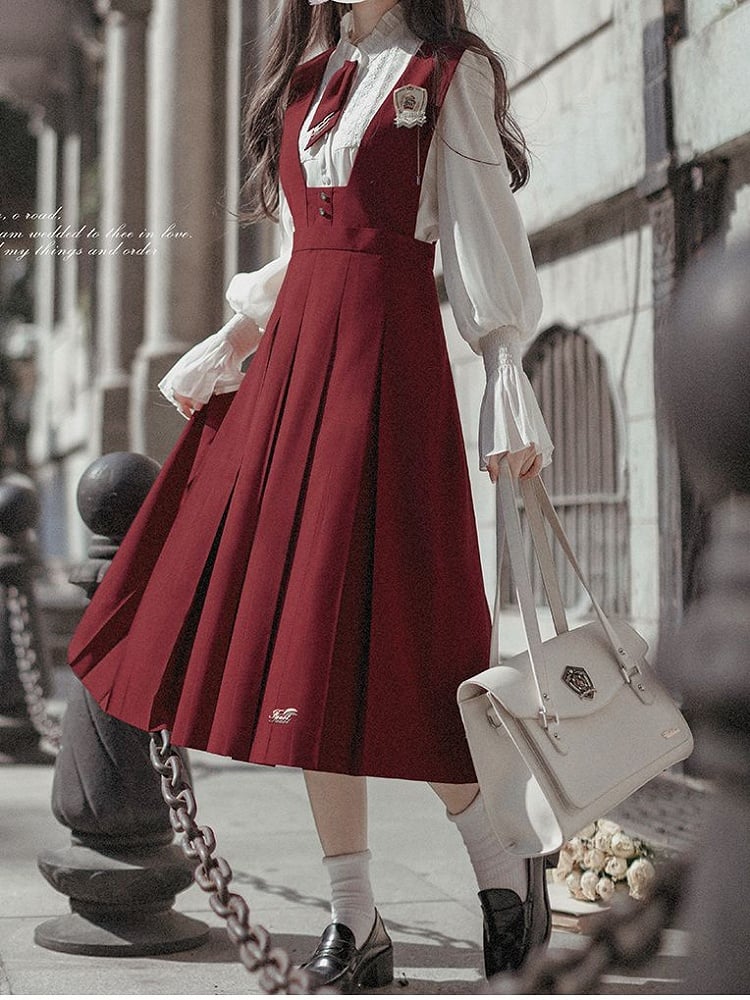 Pleat Overalls Skirt with Box Letters Embroidery Red
