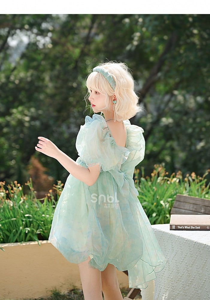 Green Short/Long Sleeves Short Bow with Sweet Detachable Version Dress Big