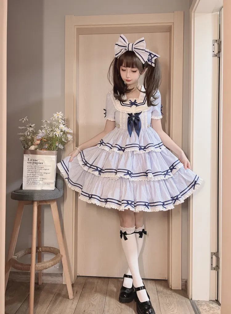 Striped Blue with Sleeves Detachable Lolita Collar Summer Dress Short Sailor