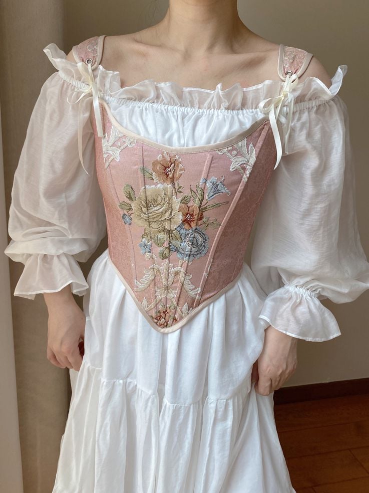 Pink Floral Scoop Neckline Corset