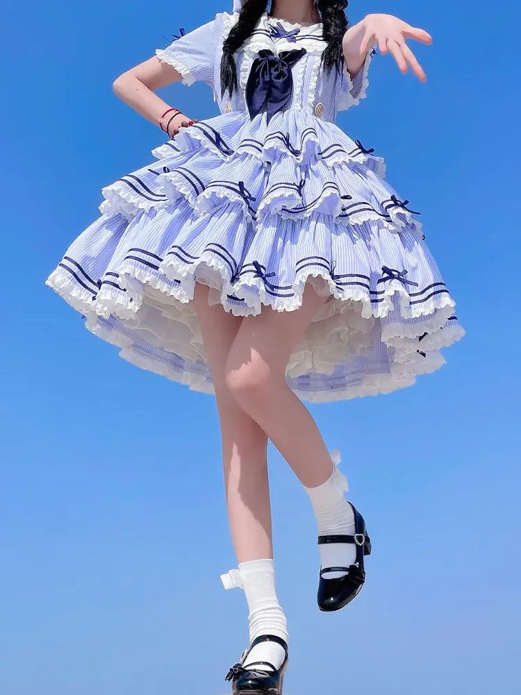 Sailor Striped OP Set Skirt Summer Full Lolita Pattern Dress Blue Tiered