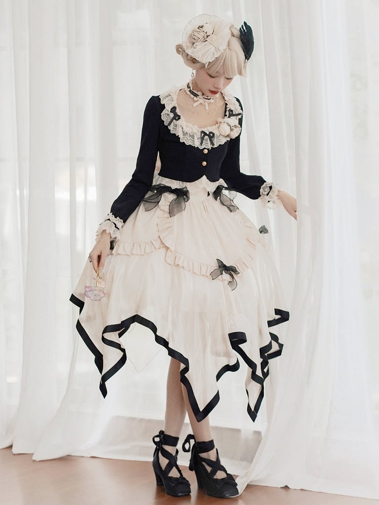 Bow Sleeves Black Long Cozy Cardigan with Lace Trim Delicate Accents and