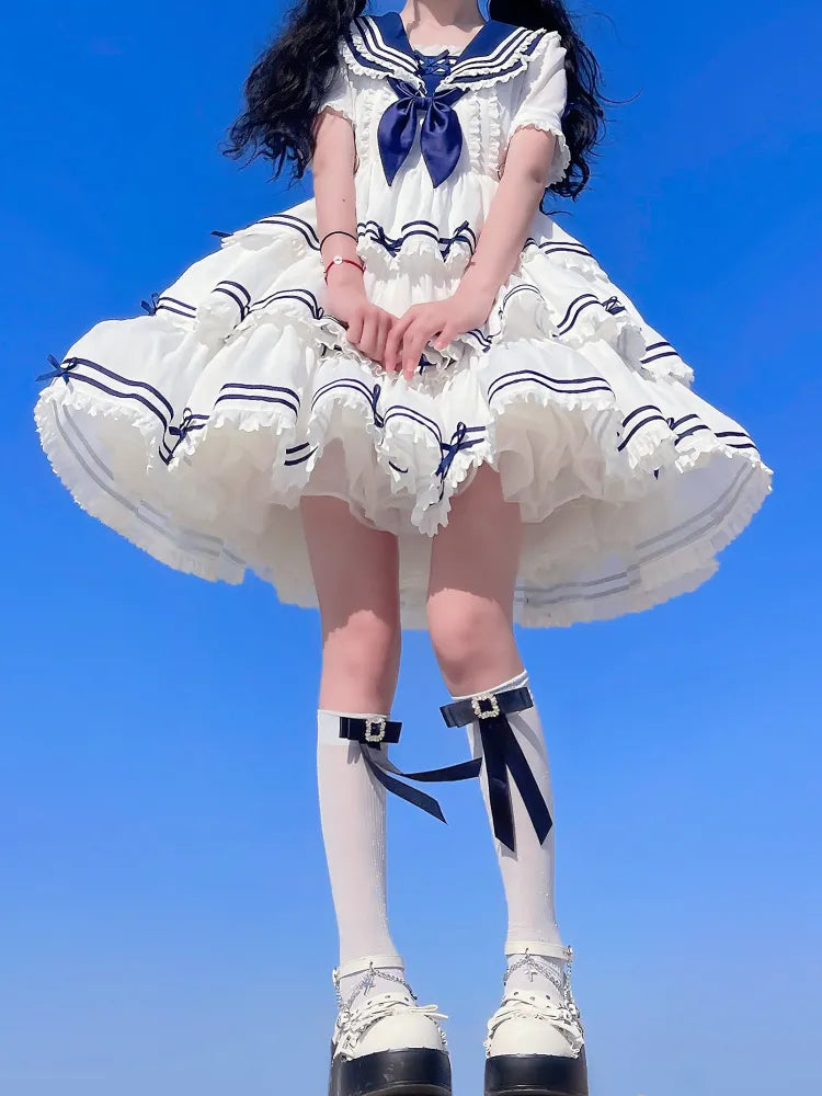 Full Sailor Lolita Skirt Set Summer Dress Tiered White OP
