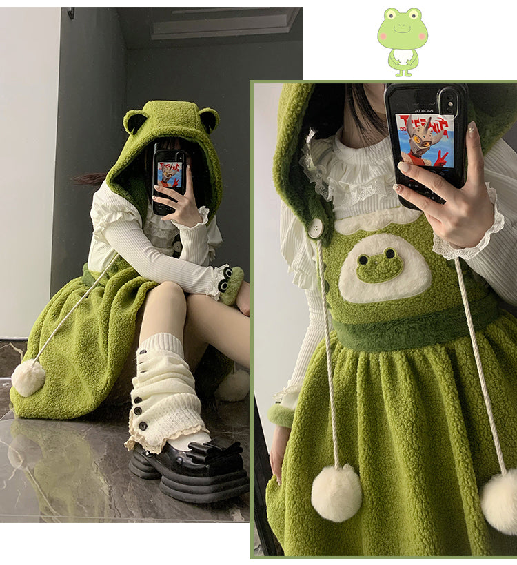 Little Frog Green Bubble Skirt Fleece Winter Overall Dress