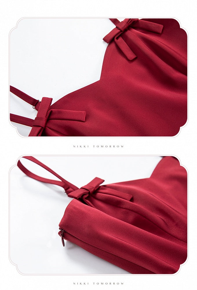 Spaghetti Waist Straps Elegant Dress Fit Red Slim