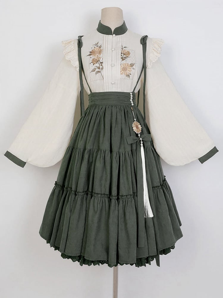 Sunflowers Embroidery Set + Tiered Sunflower Blouse Skirt Green with Charm Beige