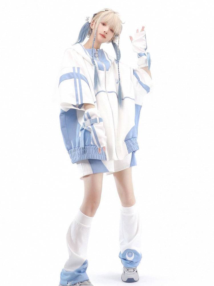 Front Tenshi White Jacket Up Blue Sleeves Kaiwai Light and Sweatershirt Zip Elbow-length