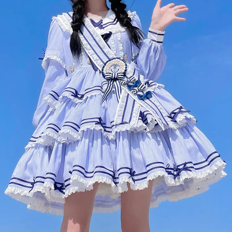 Sailor Striped OP Set Skirt Summer Full Lolita Pattern Dress Blue Tiered