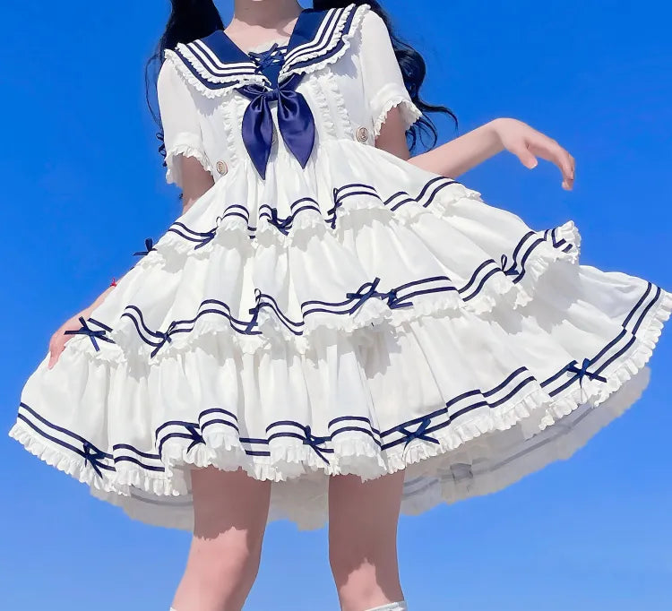 Full Sailor Lolita Skirt Set Summer Dress Tiered White OP