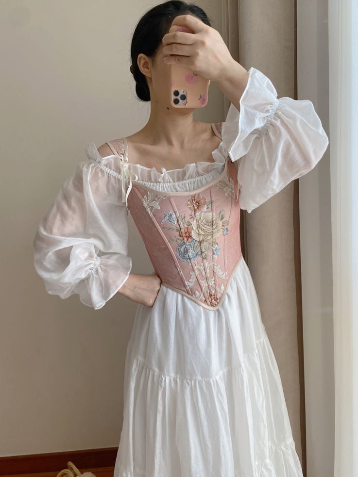 Pink Floral Scoop Neckline Corset