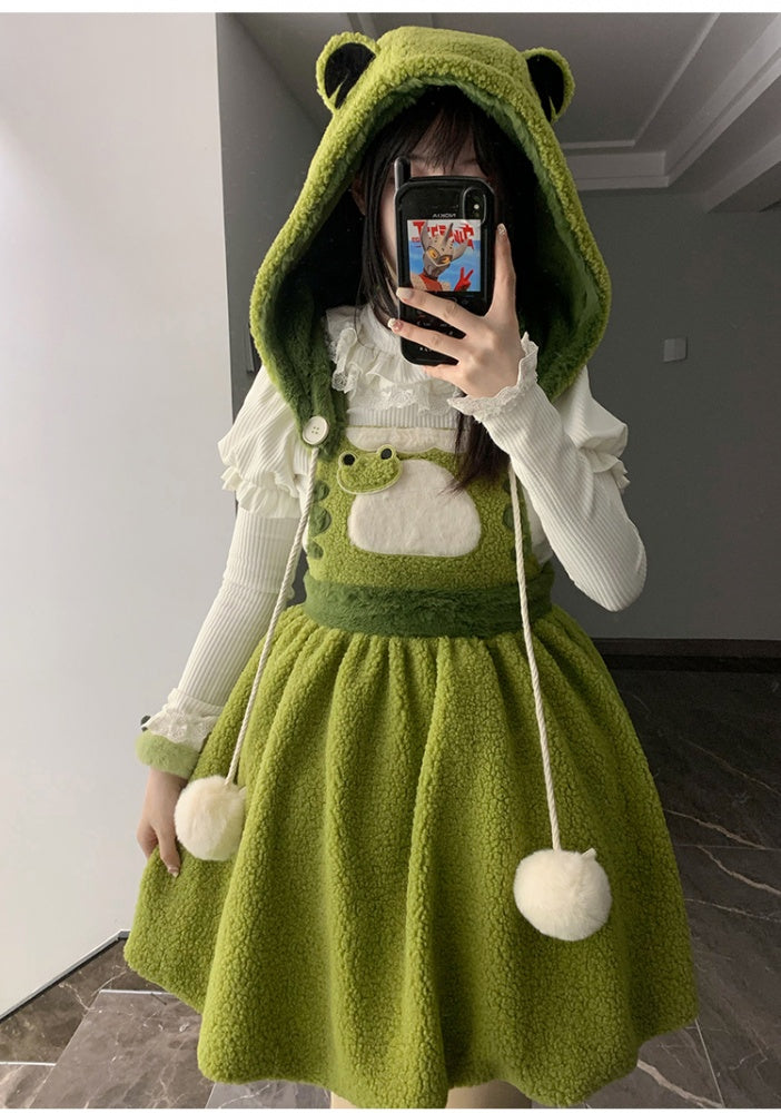 Little Frog Green Bubble Skirt Fleece Winter Overall Dress